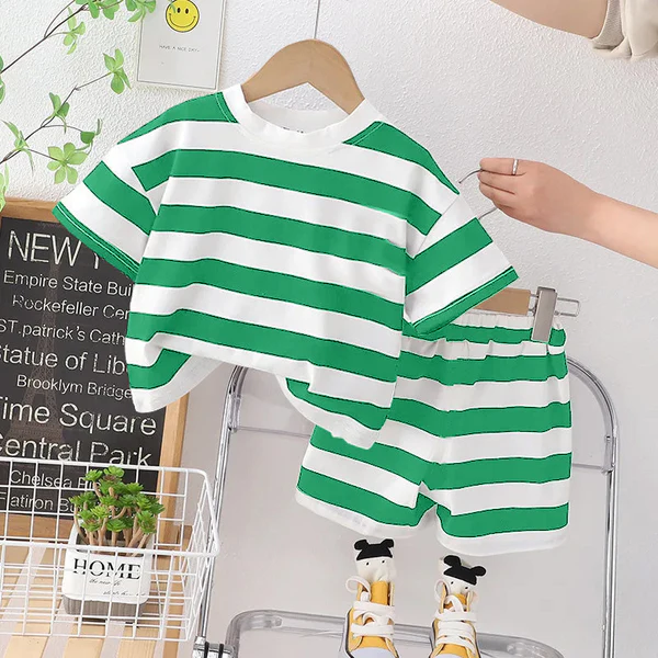 Kids T-Shirt & Short Set Wide Stripes Green - Mini Charm