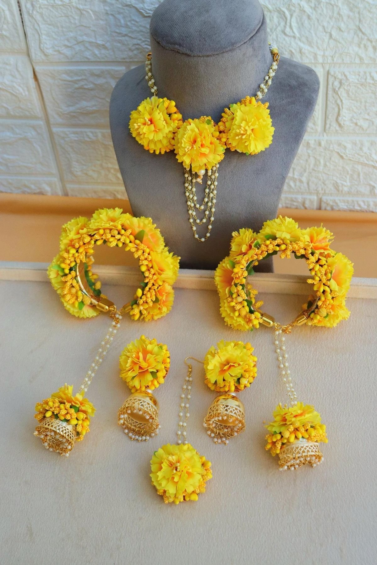 yellow haldi floral jewelry Floral jewelry for haldi
