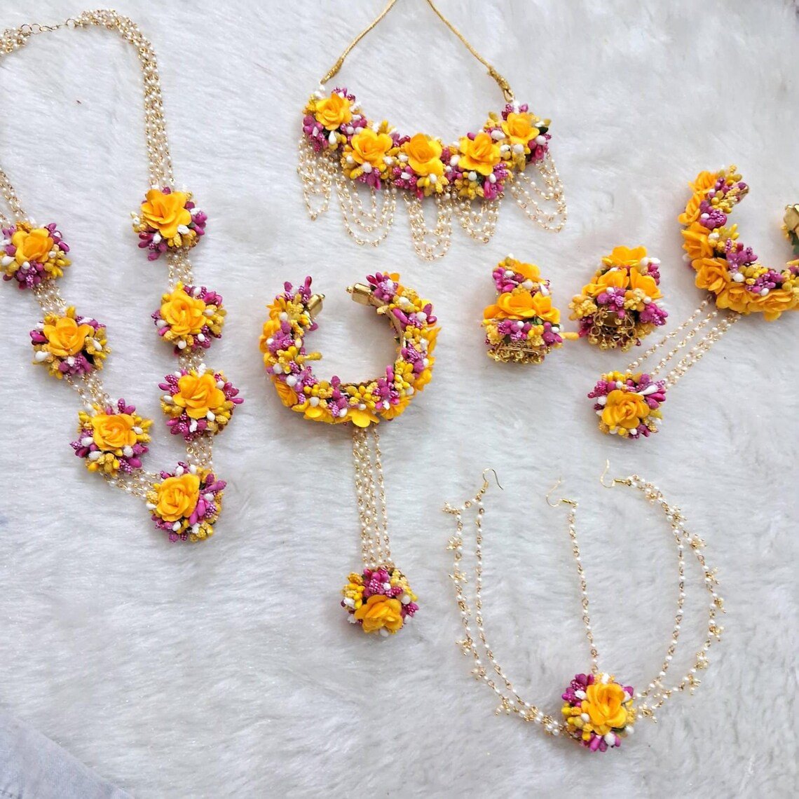 Handmade Artificial Floral Yellow and Pink Jewelry Set