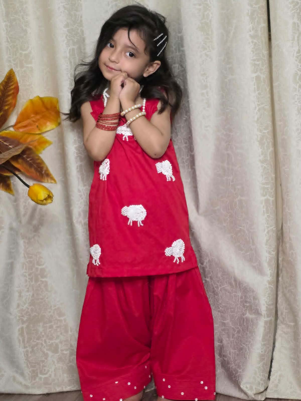 Girls Red Pearl Embellished Co-Ord Set with Dupatta