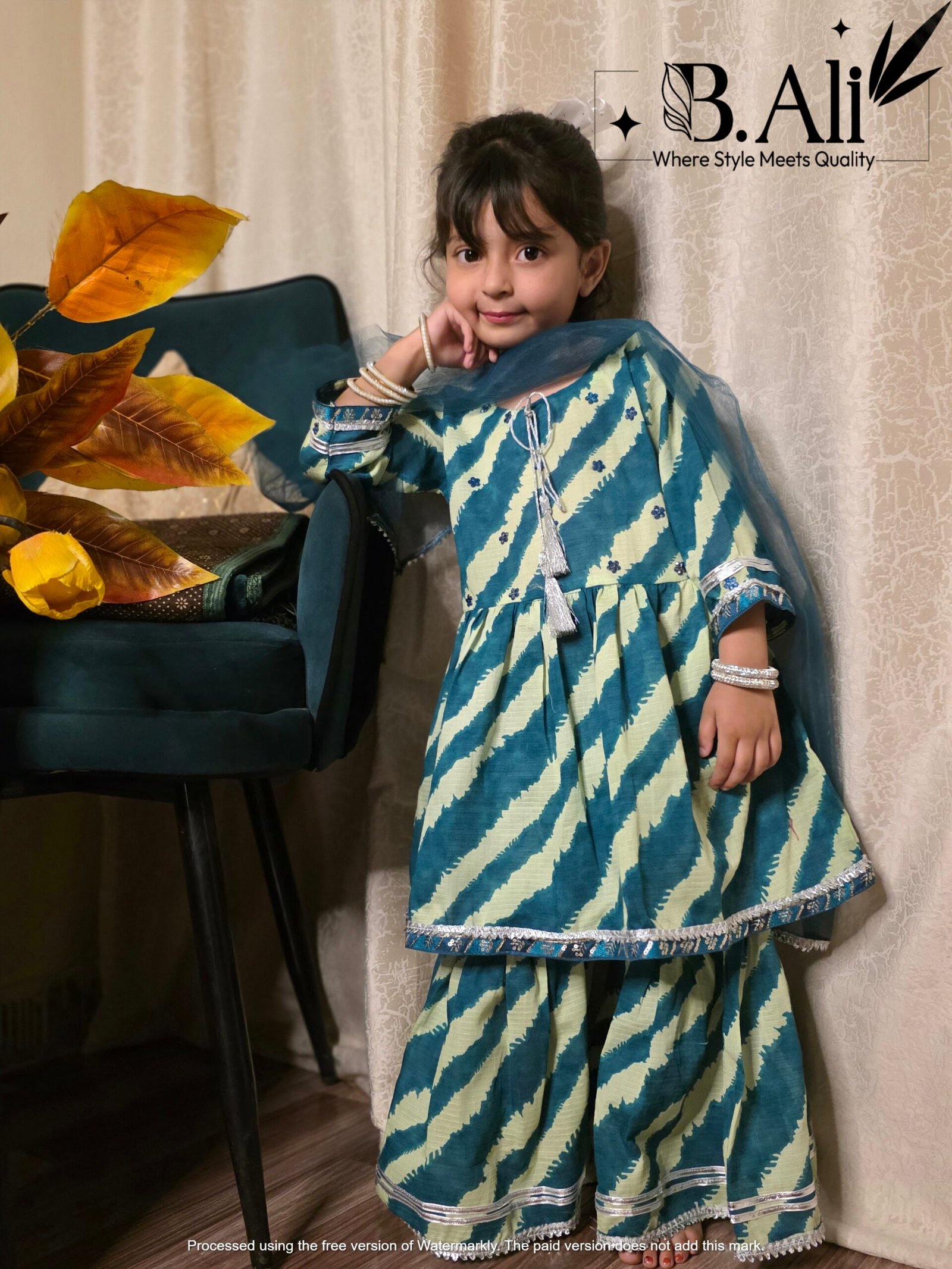 Girls Teal Blue Printed Kurti Sharara Set with Dupatta