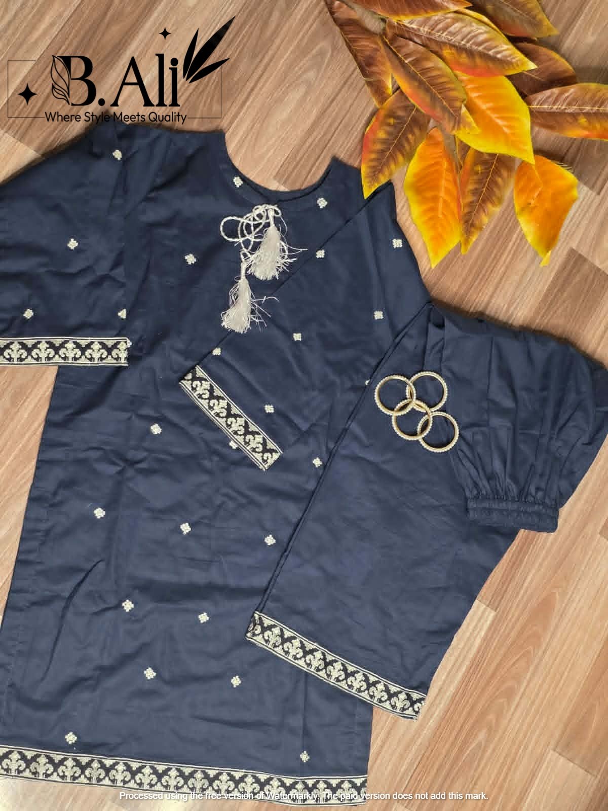 Navy Blue Embroidered Straight Kurta Set