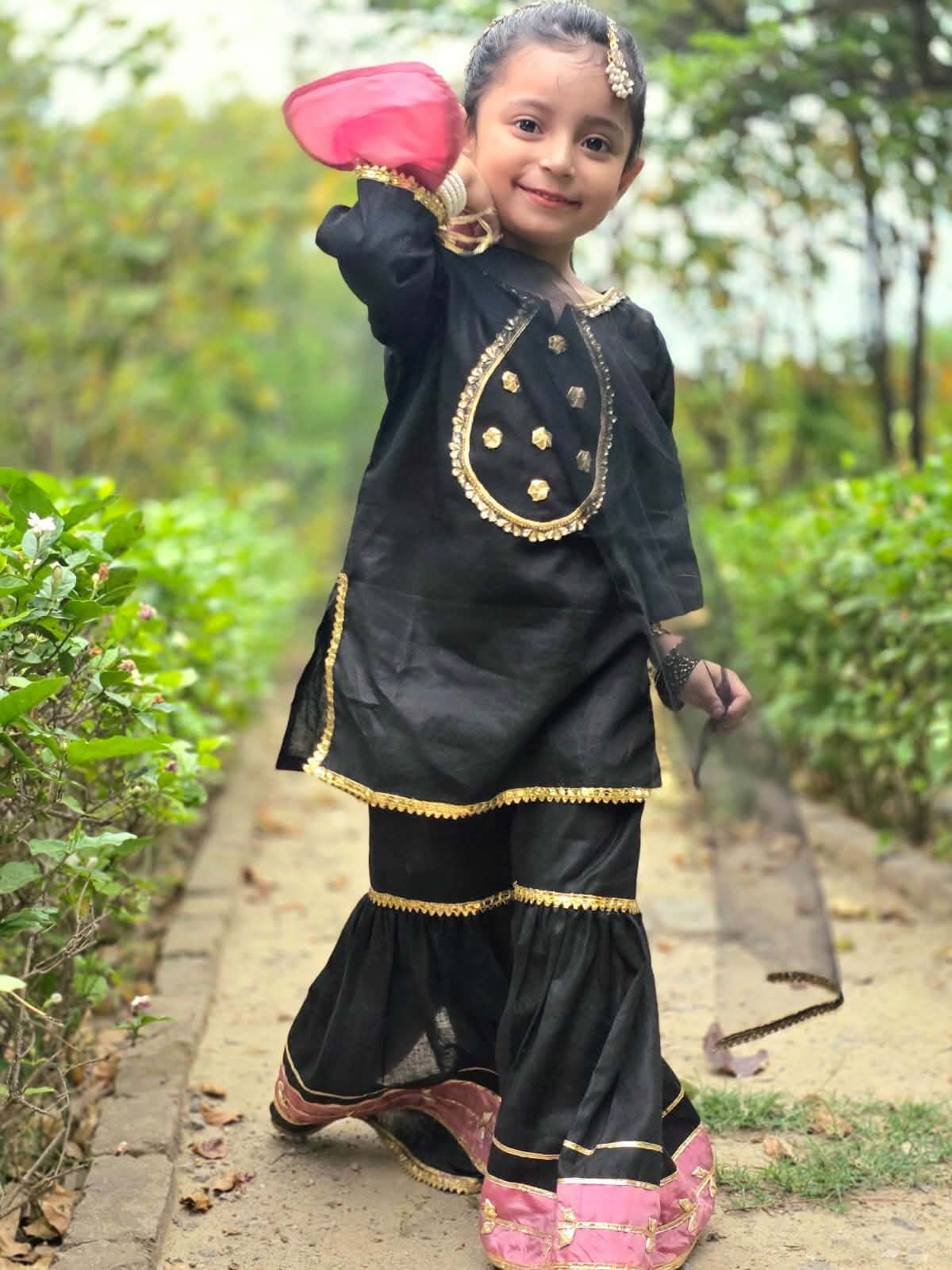 Girls Black Ethnic Kurti & Sharara Set with Dupatta and Potli Bag
