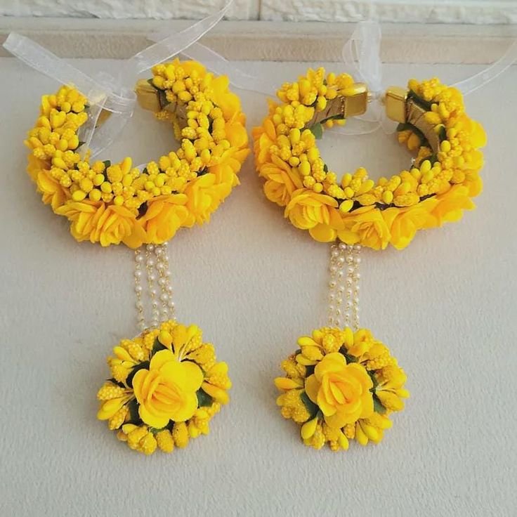Handmade Yellow Floral Mehndi Kaleera Bracelet Set for Bride