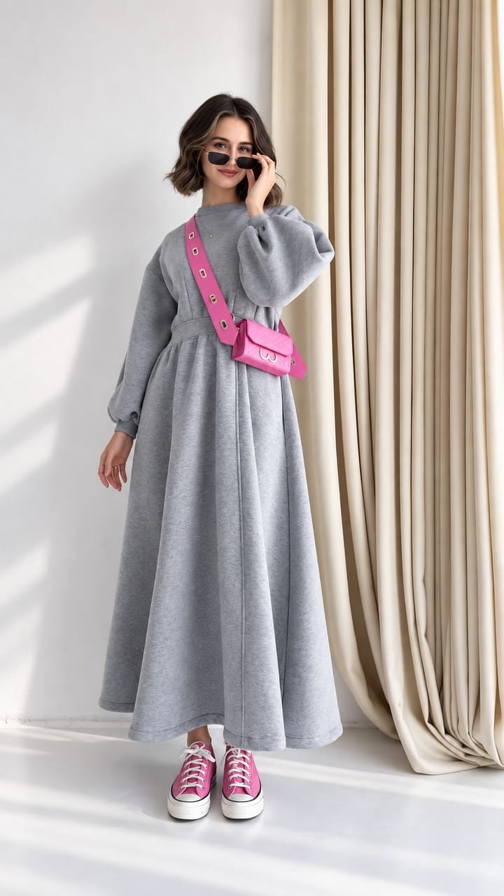 Grey Flared Modest Dress